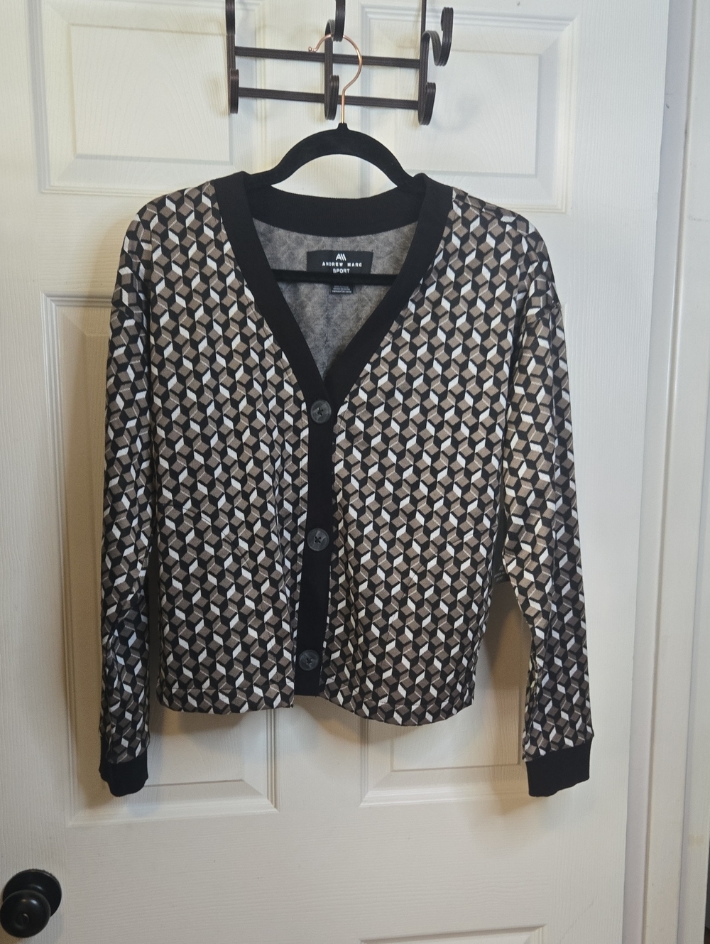Andrew Marc Geometric Print Button-Front Cardigan - Black & Cream